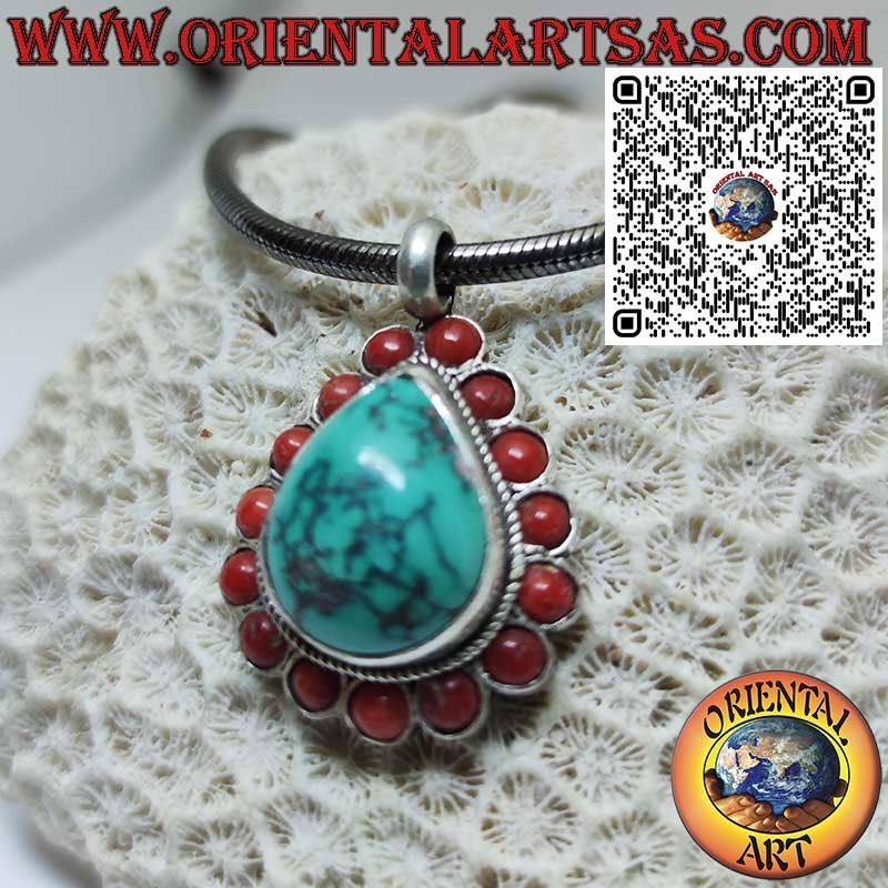 Ciondolo in argento 925 con Turchese tibetano a goccia e 15 Coralli naturali