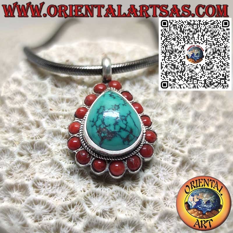 Pendentif en argent 925 avec turquoise tibétaine naturelle en goutte et 15 coraux naturels