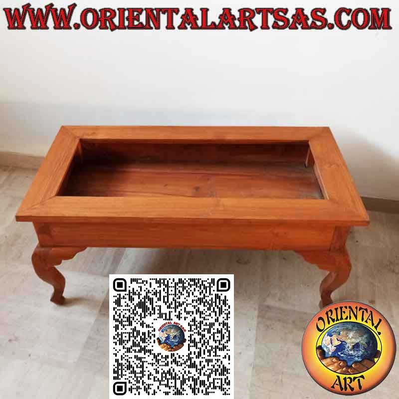Table basse rectangulaire vitrine en teck massif avec dessus en verre ouvrant