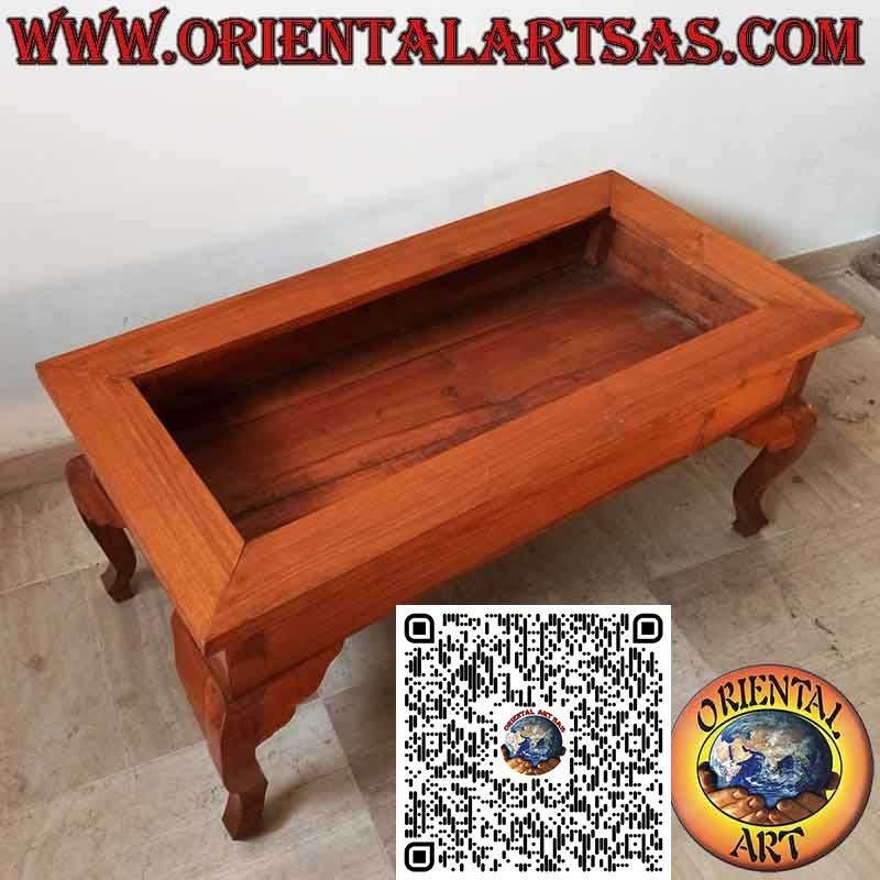 Mesa baja rectangular expositora de madera maciza de teca con tapa de vidrio abatible