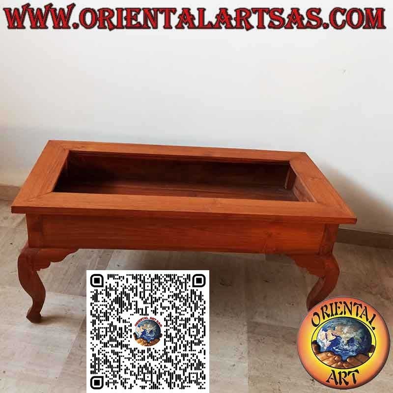 Rectangular low display table in solid teak with lift-up glass top