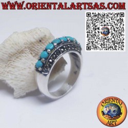 Anello argento fascia con turchesi e marcassite vintage