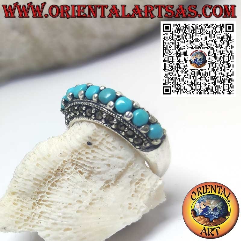Silver band ring with turquoise and marcasite – Vintage look