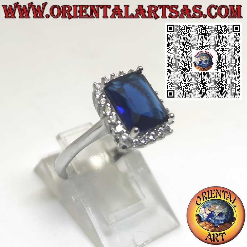 Anello in Argento 925 con Zaffiro Sintetico Rettangolare e Zirconi Gioiello Elegante da Donna