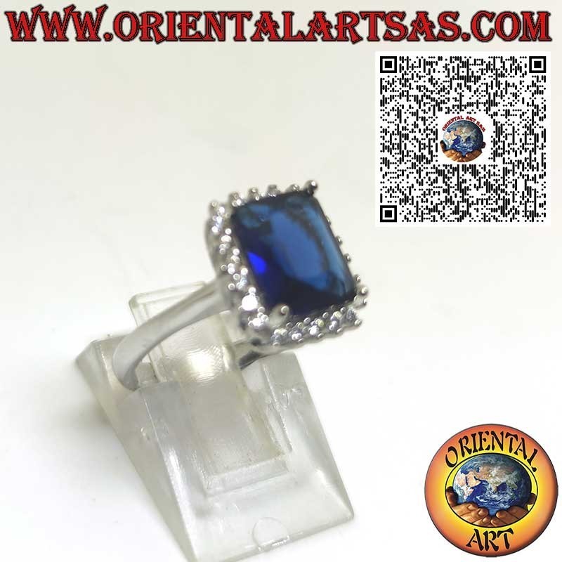 Anello in Argento 925 con Zaffiro Sintetico Rettangolare e Zirconi Gioiello Elegante da Donna