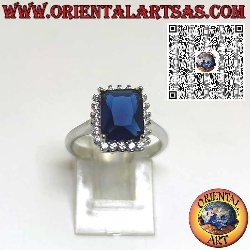 Anello in Argento 925 con Zaffiro Sintetico Rettangolare e Zirconi Gioiello Elegante da Donna