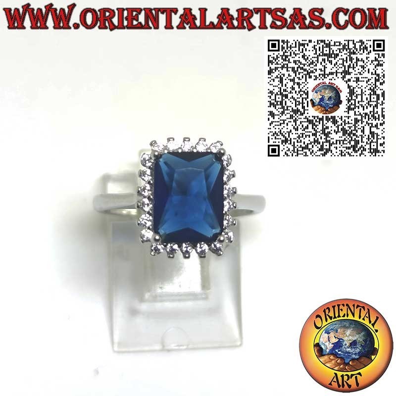 Sterling Silver Ring with Rectangular Sapphire Surrounded by Zirconia