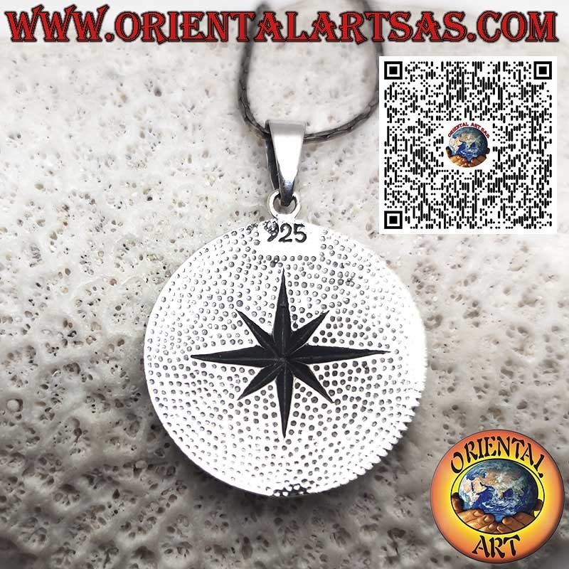 Pendentif en argent 925 avec rose des vents sur fleur de vie, bordure grecque – Ø 27 mm