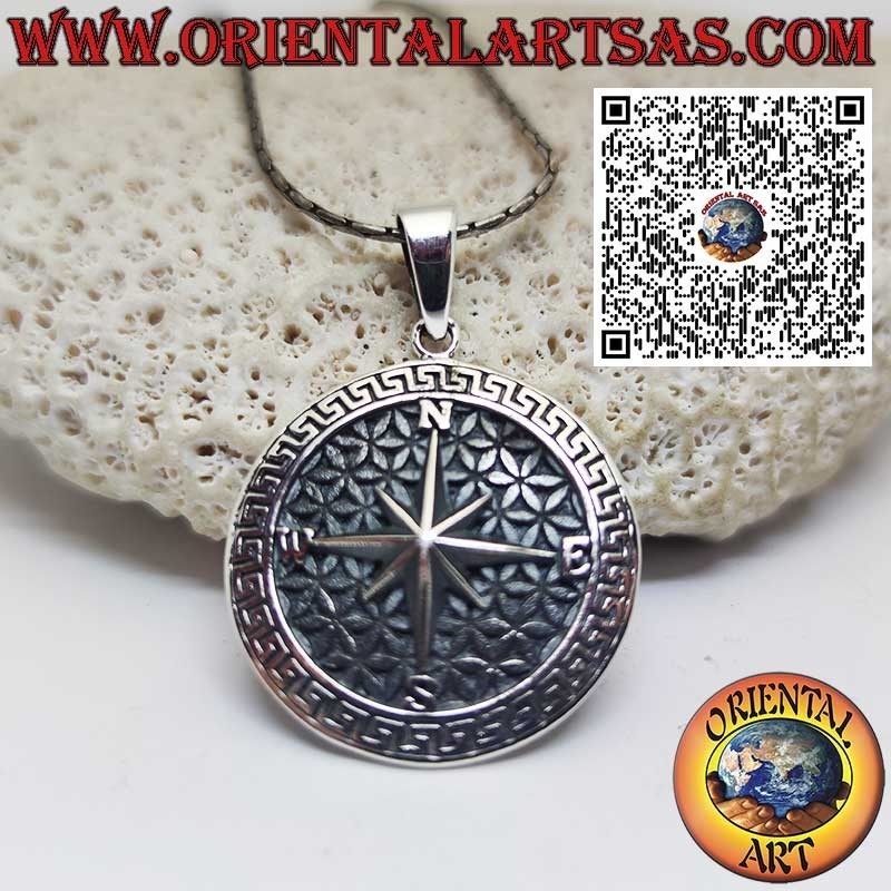 925er Silberanhänger mit Kompassrose auf Blume des Lebens und griechischem Muster – Ø 27 mm
