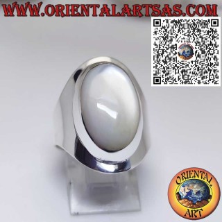 Bague en Argent Large avec Cabochon Ovale en Nacre – Élégance Naturelle & Féminité