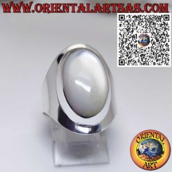 Wide Band Sterling Silver Ring with Oval Mother of Pearl Cabochon