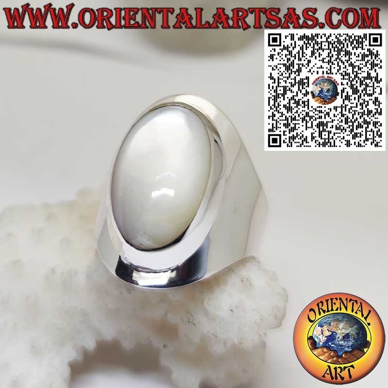 Anello in Argento a Fascia Larga con Madreperla Ovale Cabochon