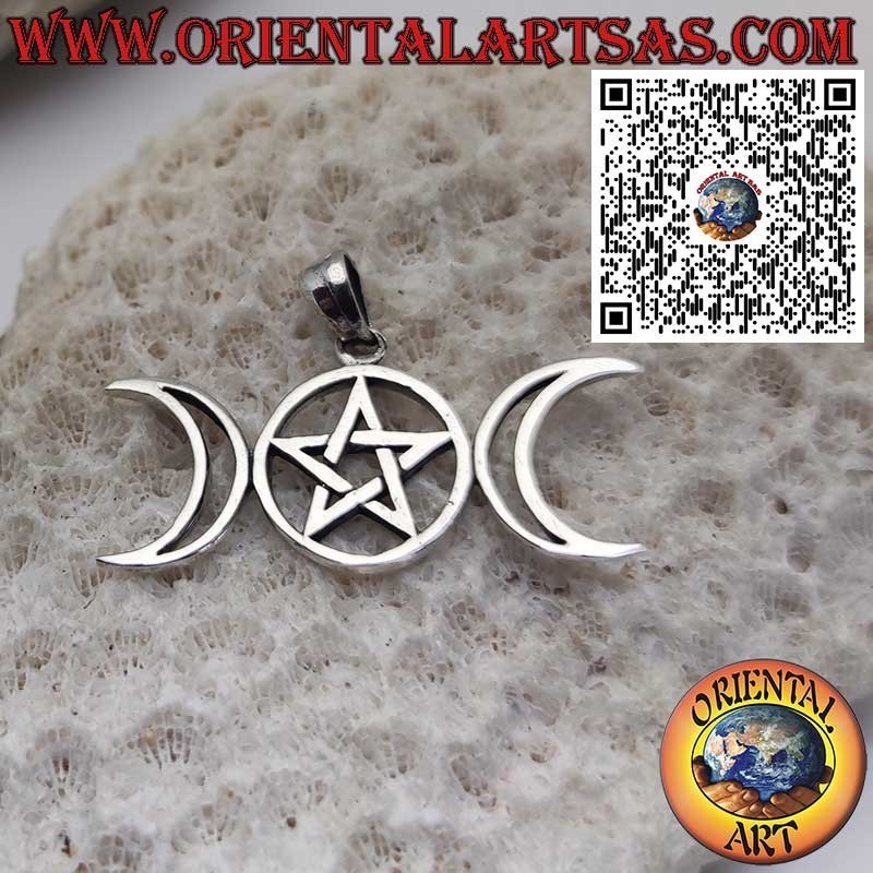 Pendentif en argent avec symbole de la Triple Déesse et pentacle