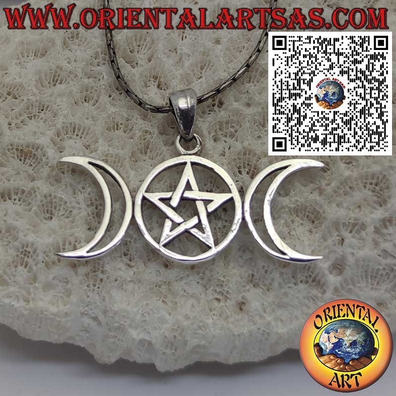 Colgante de plata con símbolo de la Triple Diosa y pentáculo