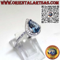 Bague en Argent 925 avec Topaze Bleue de Londres en Goutte et Zircons