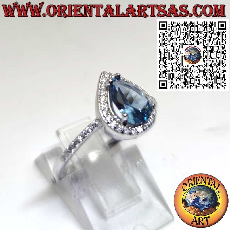 Anillo de Plata 925 con Topacio Azul de Londres en Forma de Gota y Circonitas