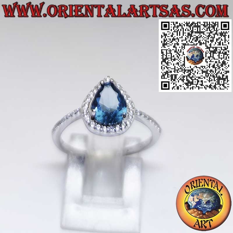 Anillo de Plata 925 con Topacio Azul de Londres en Forma de Gota y Circonitas