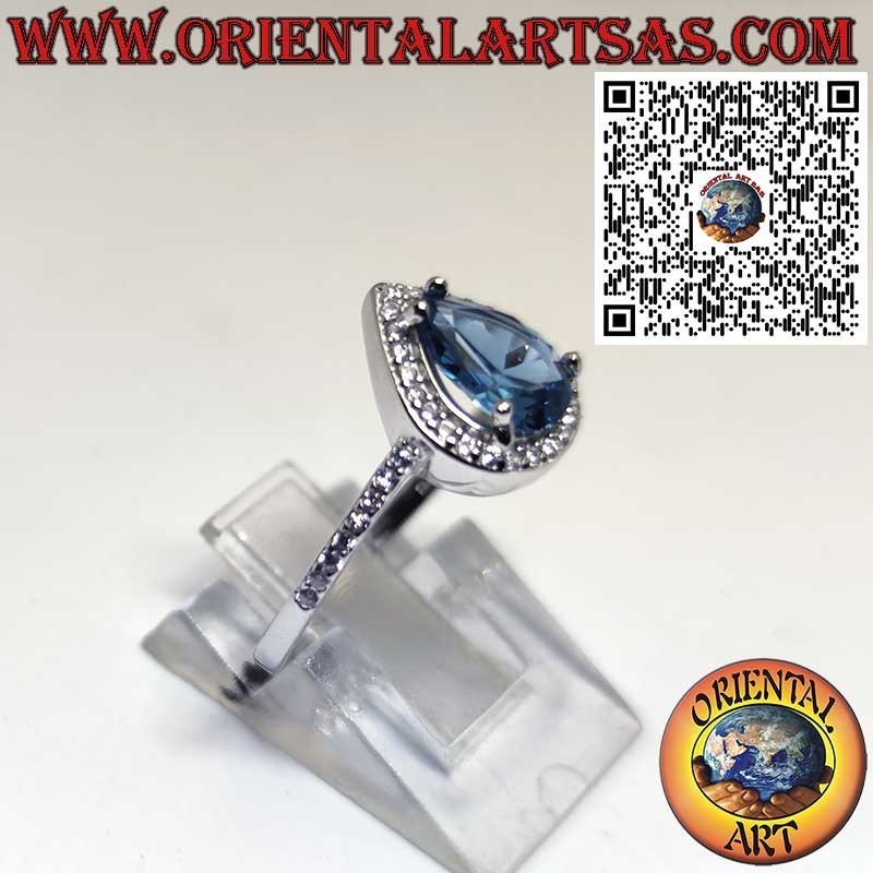 Anillo de Plata 925 con Topacio Azul de Londres en Forma de Gota y Circonitas