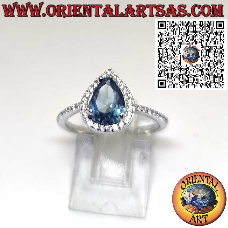 Anillo de Plata 925 con Topacio Azul de Londres en Forma de Gota y Circonitas