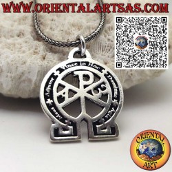 Ciondolo in argento, cristogramma o "Crismon" con scritta "meus adjutor vince in hoc dominus agla"