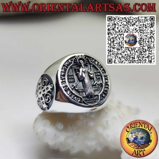 Anello in argento 925 con Sigillo di San Benedetto e croce laterale – Gioiello religioso e amuleto di protezione