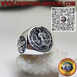 Sterlingsilber-Ring mit Benediktus-Siegel und Kreuz an den Seiten – Religiöser Schmuck und Schutzamulett