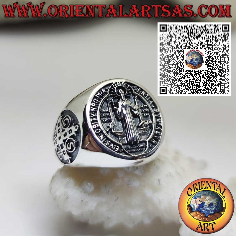 Sterling Silver Saint Benedict Seal Ring with Side Cross – Religious Jewelry and Protection Amulet
