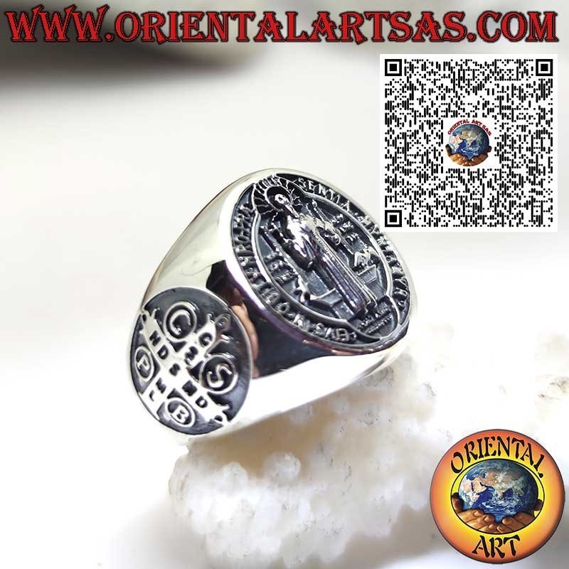 Sterling Silver Saint Benedict Seal Ring with Side Cross – Religious Jewelry and Protection Amulet