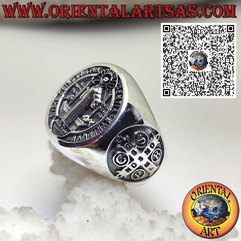 Anello in argento 925 con Sigillo di San Benedetto e croce laterale – Gioiello religioso e amuleto di protezione