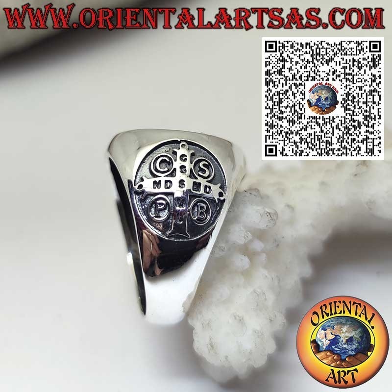 Sterlingsilber-Ring mit Benediktus-Siegel und Kreuz an den Seiten – Religiöser Schmuck und Schutzamulett