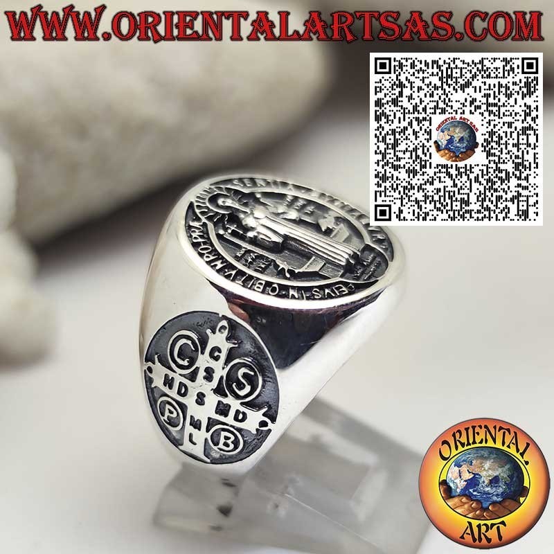Sterling Silver Saint Benedict Seal Ring with Side Cross – Religious Jewelry and Protection Amulet