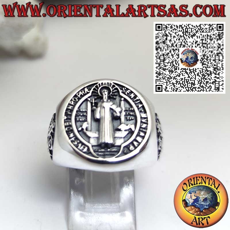 Bague en argent 925 avec Sceau de Saint Benoît et croix latérale – Bijou religieux et amulette de protection
