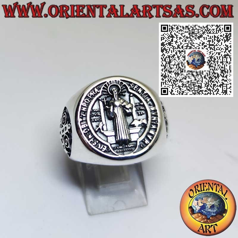 Anello in argento 925 con Sigillo di San Benedetto e croce laterale – Gioiello religioso e amuleto di protezione