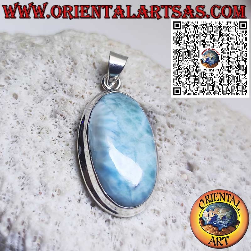 Pendentif en Argent avec Grand Cabochon Ovale de Larimar Naturel – Pierre des Caraïbes Unique