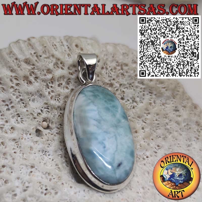 Ciondolo in Argento con Larimar Naturale Ovale Grande Cabochon – Pietra Caraibica Unica