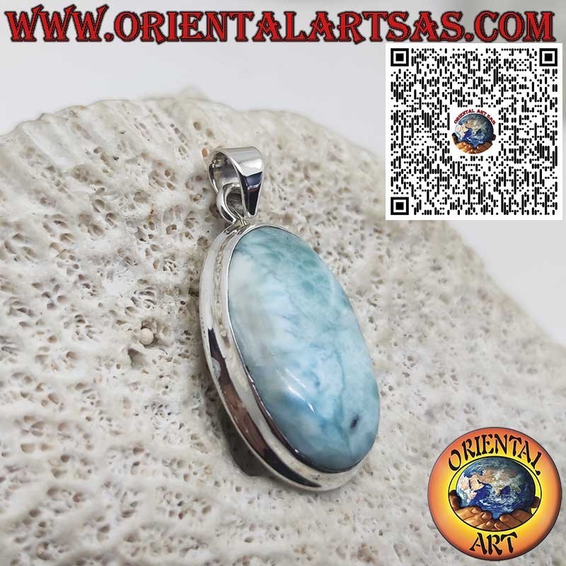 Colgante de Plata con Cabujón Ovalado Grande de Larimar Natural – Piedra del Caribe Única