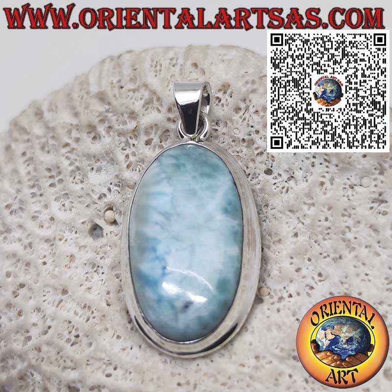 Colgante de Plata con Cabujón Ovalado Grande de Larimar Natural – Piedra del Caribe Única
