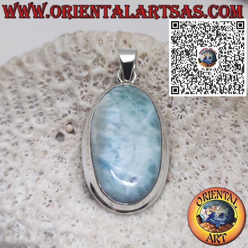 Pendentif en Argent avec Grand Cabochon Ovale de Larimar Naturel – Pierre des Caraïbes Unique