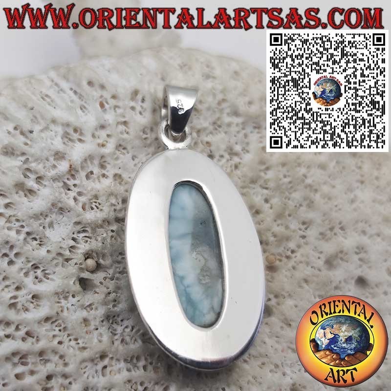 Pendentif en Argent avec Grand Cabochon Ovale de Larimar Naturel – Pierre des Caraïbes Unique
