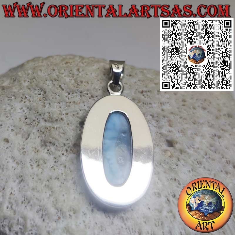 Pendentif en Argent avec Grand Cabochon Ovale de Larimar Naturel – Pierre des Caraïbes Unique