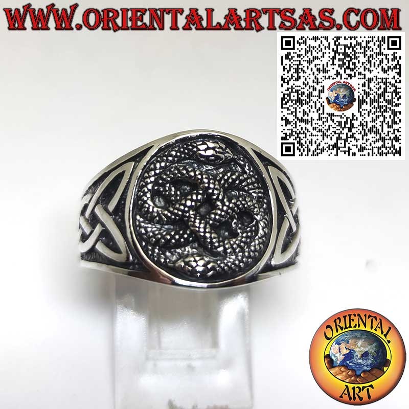 Silver Band Ring with Auryn Ouroboros and Celtic Knot