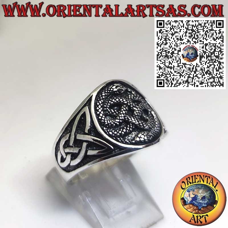 Silver Band Ring with Auryn Ouroboros and Celtic Knot