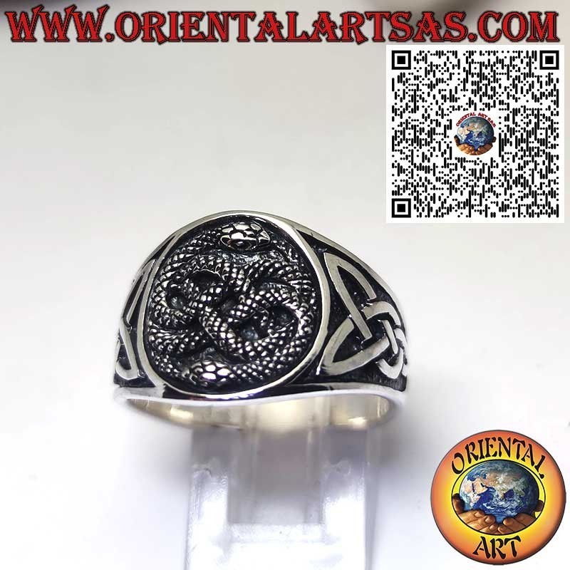 Anello a Fascia in Argento con Auryn Ouroboros e Nodo Celtico