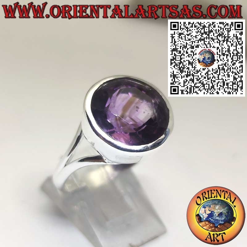 Silver Ring with Natural Round Amethyst – Smooth High Bezel Setting