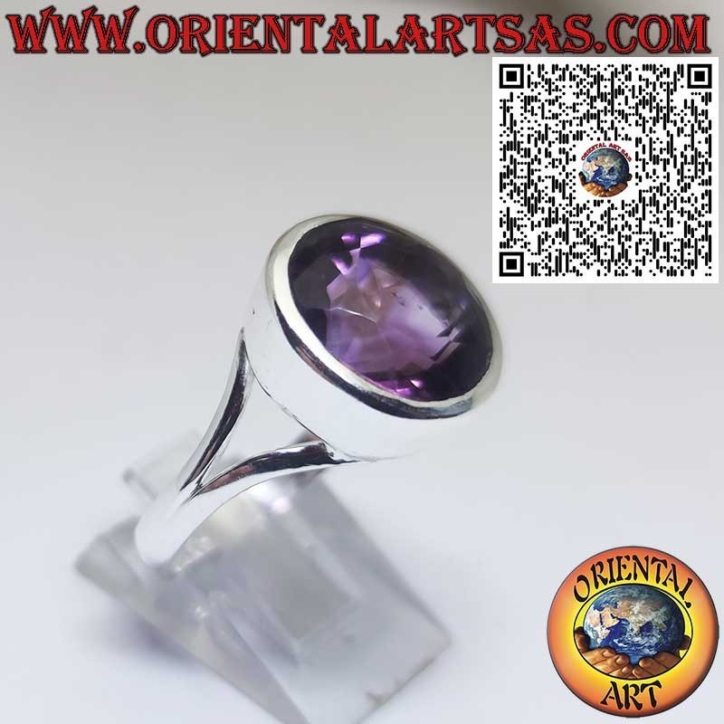 Bague en Argent avec Améthyste Naturelle Ronde – Sertie dans un Bord Lisse Haut