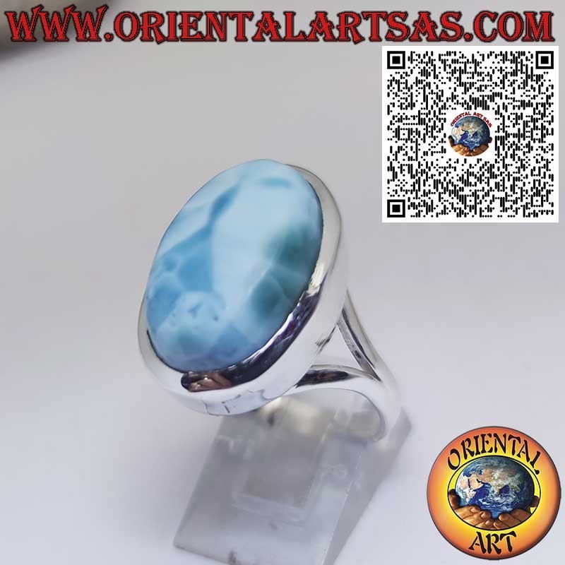 925 Silberring mit Ovalem Natürlichem Larimar – Karibischer Edelstein