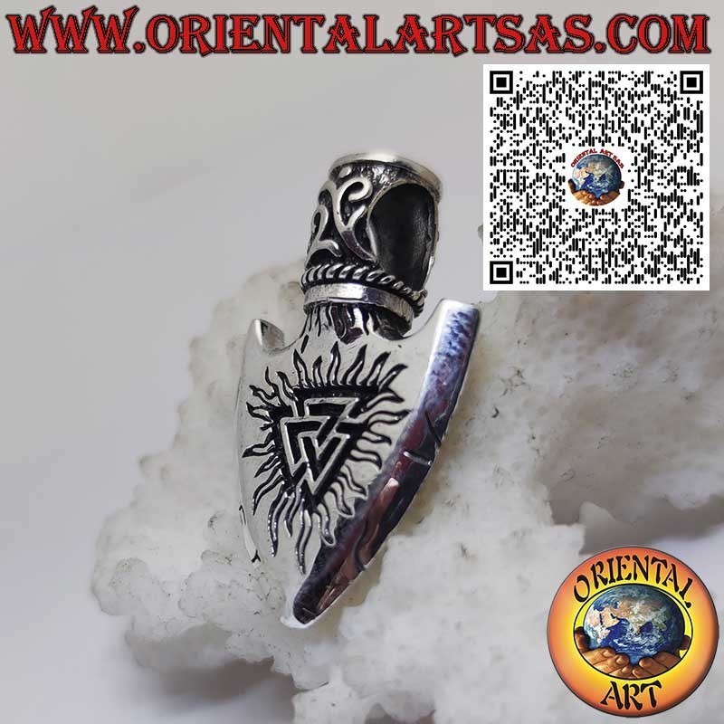 Sterling Silver Viking Arrowhead Pendant with Odin’s Triangle and Engraved Vegvisir
