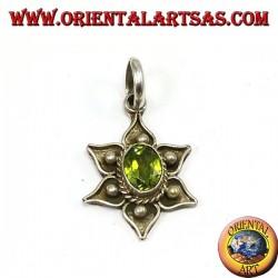 Silver pendant, lotus flower with natural peridot