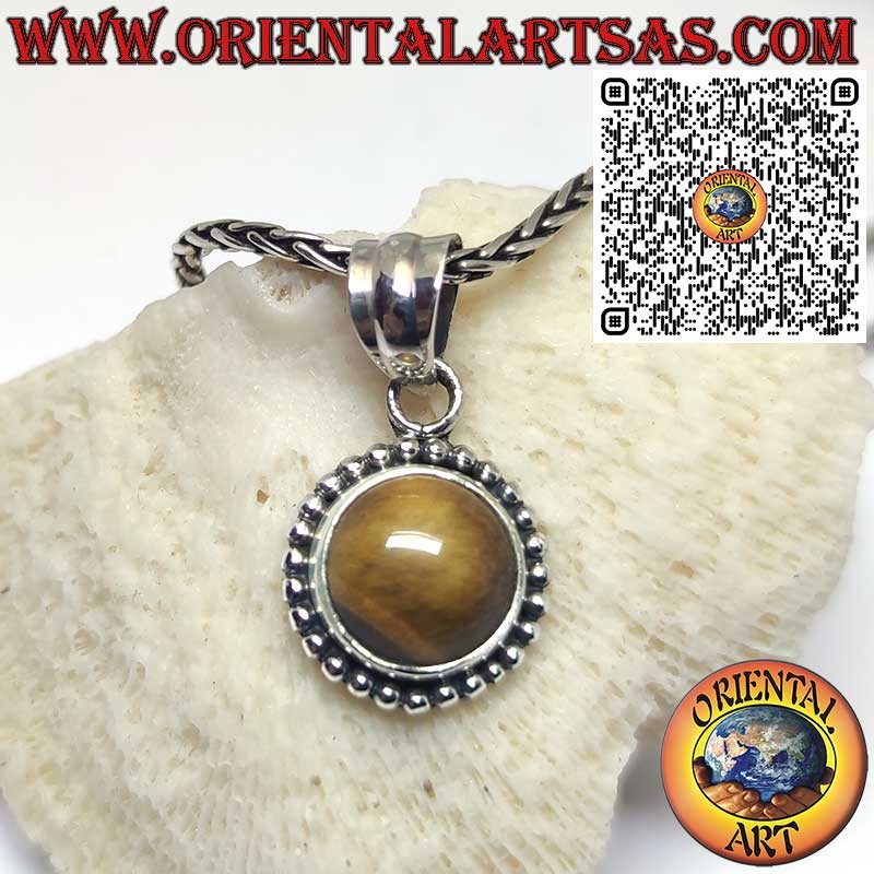 Round silver pendant with a tiger's eye surrounded by spheres