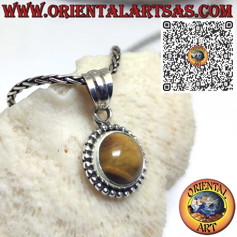 Round silver pendant with a tiger's eye surrounded by spheres